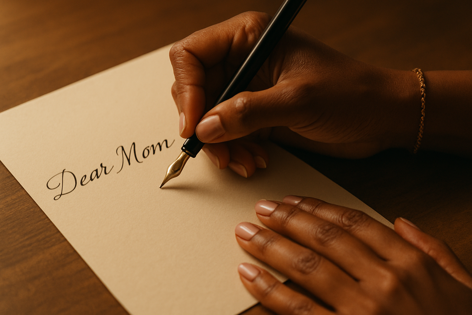 soothing picture of woman writing a letter with "Dear Mom" shown. Woman is of African American decent. This is a close up of handwriting the letter. Woman's face nor entire body are in the frame / picture.